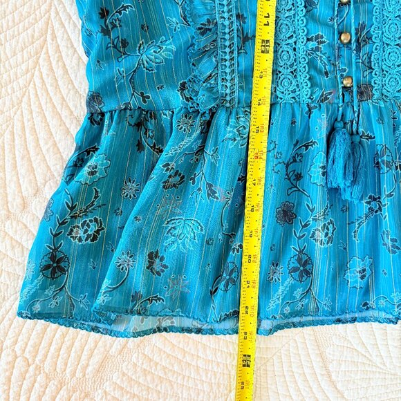 Cleobella Teal & Gold Metallic Floral Ruffle Long Sleeve Chiffon Blouse Size L - Picture 14 of 15